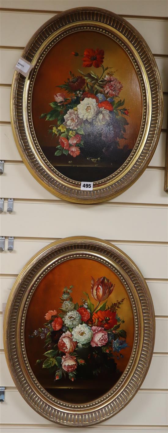 A pair of modern still life studies of flowers, oil on board, 39 x 29cm